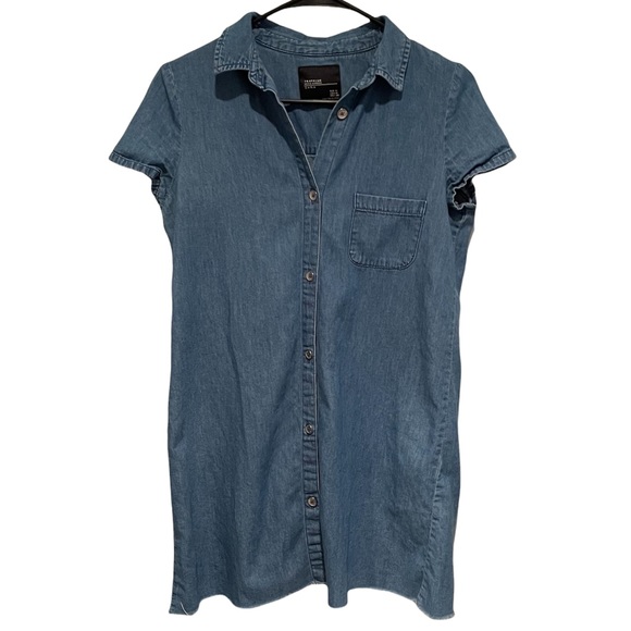 Zara Denim Raw Hem Button Up Mini Shirt Dress medium Preowned casual - Picture 2 of 6